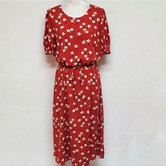 VINTAGE Red White Floral Boho Smocked Sleeve Keyhole Belted Maxi Dress Large - Picture 2 of 12
